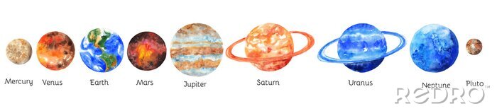 Sticker  Les planètes du système solaire sur fond blanc. Mercure, Vénus, Terre, Mars, Jupiter, Saturne, Uranus, Neptune, Pluton. Illustration d'aquarelle