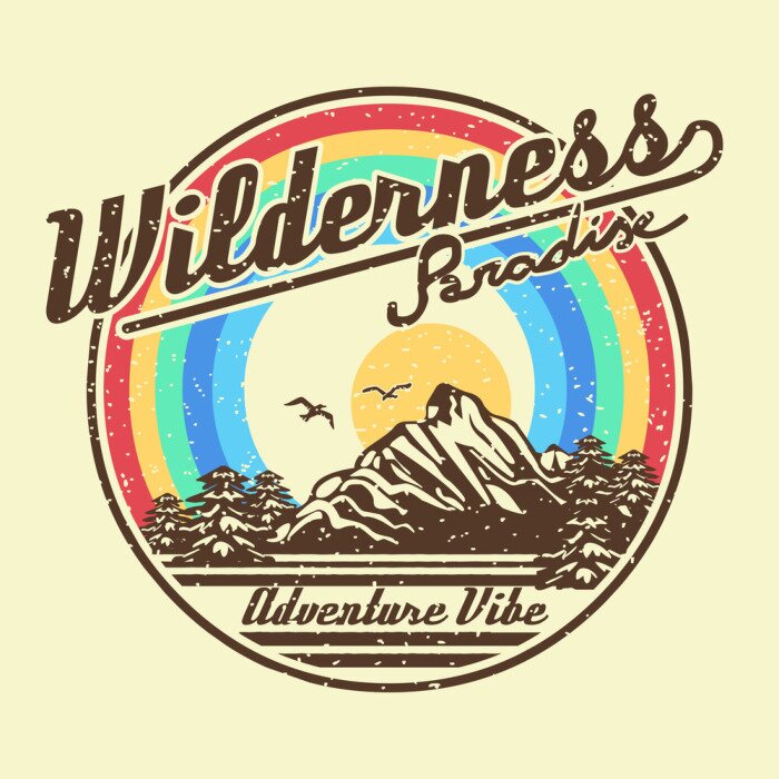 Sticker  Lettrage de la Californie, sport et explorer. Arbres et arc-en-ciel en voyage. Cactus et soleil sur timbre. T-shirt aventure tropicale pour une autre expédition en forêt. Illustration vectorielle