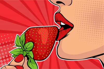 Sticker  Lèvres de filles à la fraise. Femme mangeant des aliments sains. Fantaisie érotique. Illustration vectorielle dans un style bande dessinée rétro pop art.