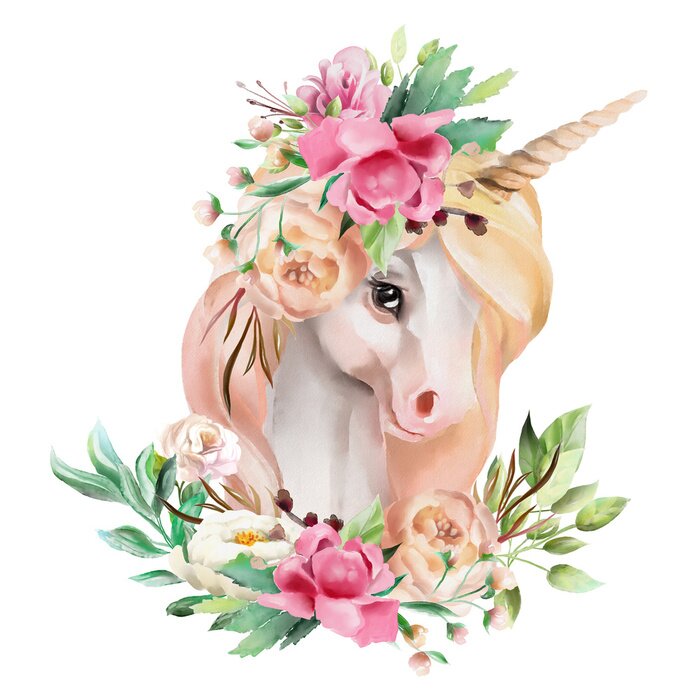 Sticker  Licorne avec crinière blonde et fleurs aquarelles