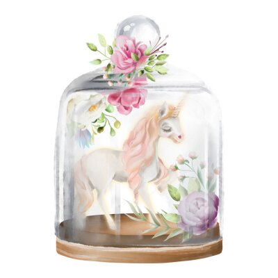 Sticker  Licorne et fleurs sous un couvercle en verre