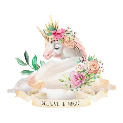 Poster  Licorne magique dans les fleurs