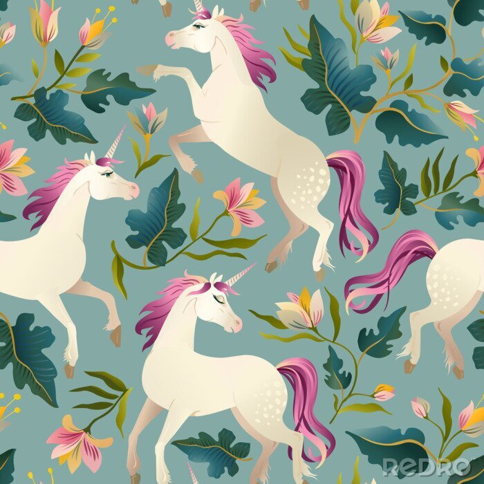 Sticker  Licorne vintage dessiné main dans le modèle sans couture de forêt magique. Illustration vectorielle