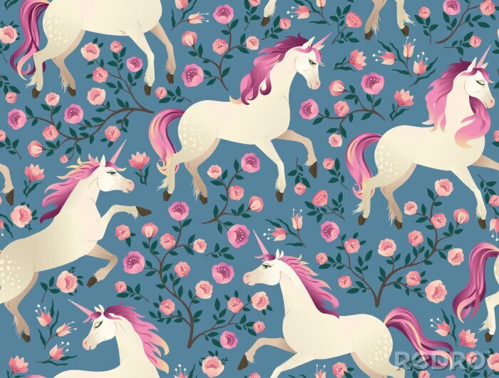 Sticker  Licornes et fleurs roses