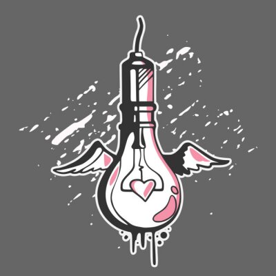 Sticker  Light bulb concept in graffiti style with wings and heart, vector illustration.
