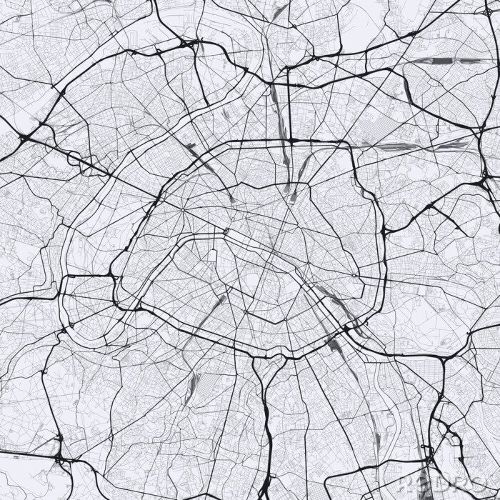 Sticker  Light Paris plan de la ville. Carte routière de Paris (France). Illustration en noir et blanc (lumière) des rues parisiennes. Format carré.