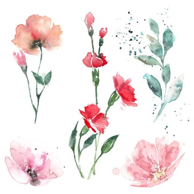 Sticker  Light watercolor illustrations of flowers and leaves in pastel colors.