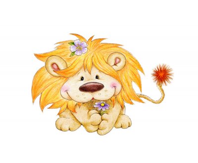 Sticker  Lion cartoon lion avec des fleurs dans la crinière