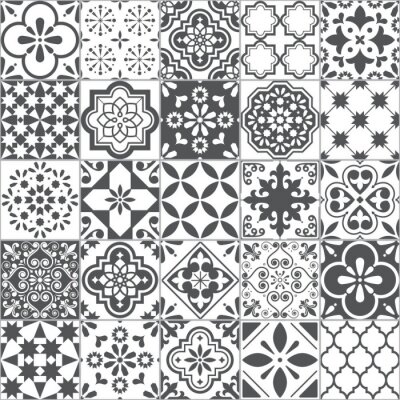 Sticker  Lisbon geometric Azulejo tile vector pattern, Portuguese or Spanish retro old tiles mosaic, Mediterranean seamless gray and white design 	