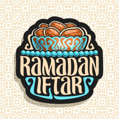 Sticker  Logo vectoriel pour Ramadan Iftar, signe noir avec pile de nourriture à jeun islamique - dattes séchées dans un bol en bronze ancien et perles de prière bleues ou chapelet musulman, police originale p