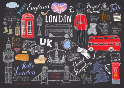 Sticker  London city doodles collection d'éléments. Ensemble dessiné à la main avec, pont de la tour, couronne, big ben, garde royale, bus rouge et taxi, UK carte et drapeau, pot de thé, lettrage, illustration
