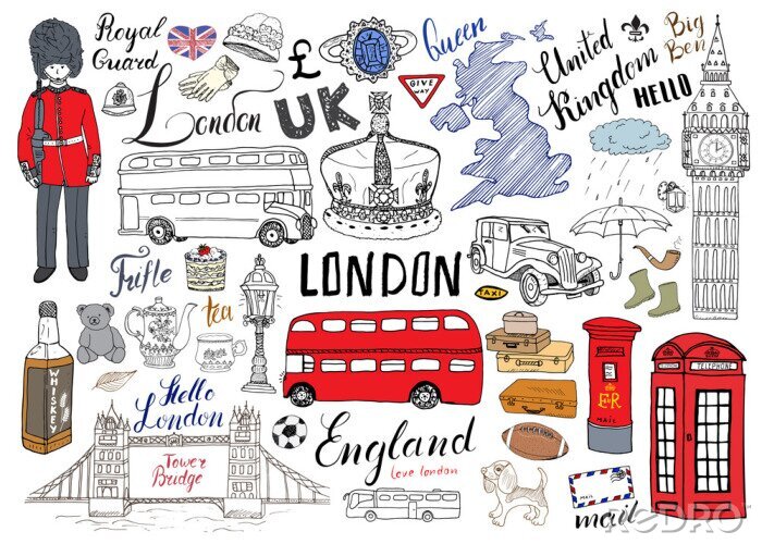 Sticker  London city doodles collection d'éléments. Ensemble dessiné à la main avec, pont de la tour, couronne, big ben, garde royale, bus rouge et taxi, UK carte et drapeau, pot de thé, lettrage, illustration