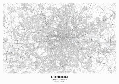 London city map poster. Detailed map of London (United Kingdom). Transport system of the city. Includes properly grouped map features (water objects, railroads, roads etc).