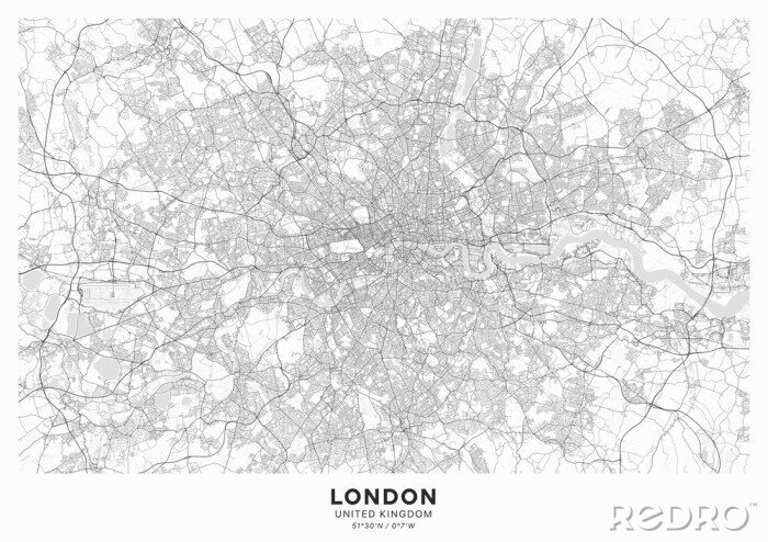 Sticker  London city map poster. Detailed map of London (United Kingdom). Transport system of the city. Includes properly grouped map features (water objects, railroads, roads etc).