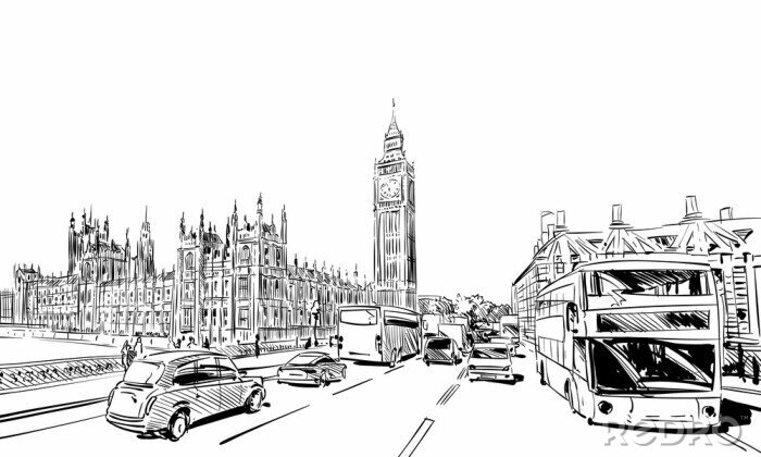 Sticker  London cityscape dessinée à la main. Big Ben. Angleterre. Illustration vectorielle.