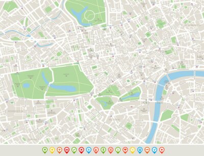 Londres Carte et icônes de navigation. Plan comprend les rues, les parcs, les noms des sous-districts, points d'intérêt.