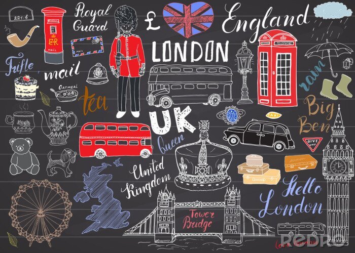 Sticker  Londres, ville, doodles, éléments, collection. Main, dessiné, ensemble, tour, pont, couronne, grand, ben, royal, garde, rouge, autobus, britannique, carte, drapeau, thé, pot, lettrage, vecteur, illust