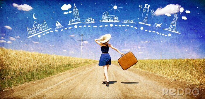 Sticker  Lonely girl avec valise à la route de campagne à rêver de voyage.