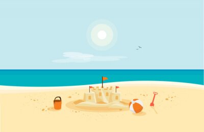 Sticker  Lonely sand castle on sandy beach with blue sea ocean water and coast line clear summer sunny sky in background. Kid toys left on sand on holiday. Minimalist cartoon style flat vector illustration.