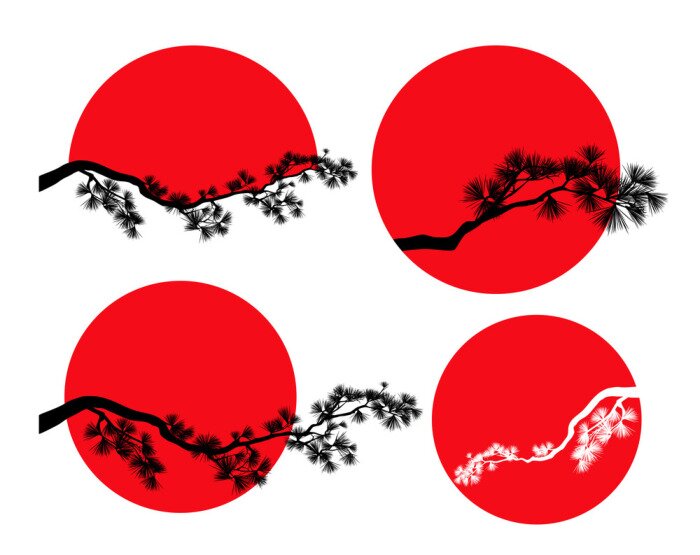 Sticker  long pine tree branches against red sun disk - traditional japanese nature vector silhouette design
