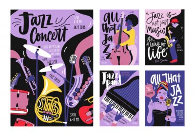 Sticker  Lot de modèles d’affiche, d’invitation et de prospectus pour festival de musique jazz, concert, fête avec instruments de musique, musiciens et chanteurs. Illustration vectorielle dans le style de band