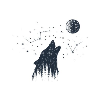 Sticker  Loup hurlant dessinés à la main et constellations texturées illustrations vectorielles.