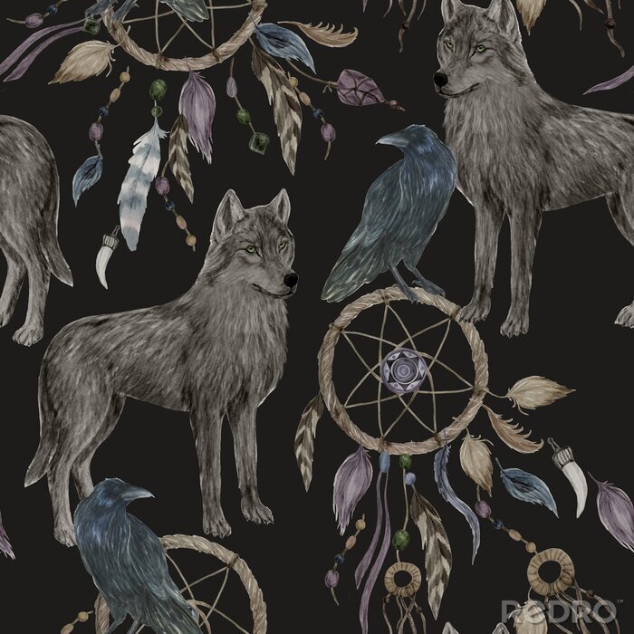 Sticker  Loups attrape-rêves sur fond noir