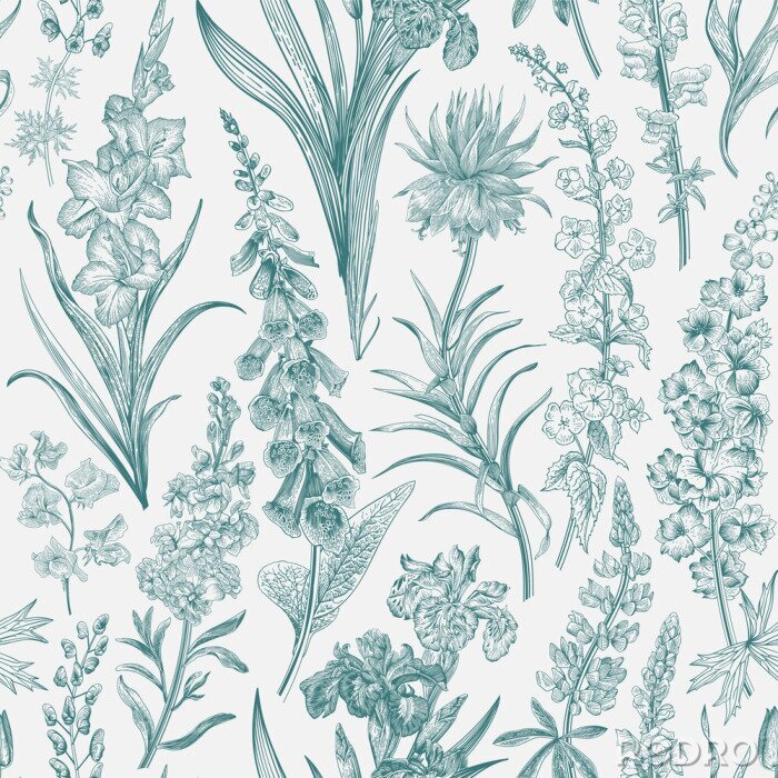 Sticker  Lovely Garden. Vintage seamless pattern. Spring and summer garden flowers. Emerald and white. Toile de Jouy. ..