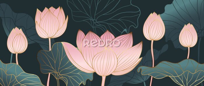 Sticker  Luxurious background design with golden lotus. Lotus flowers line arts design for wallpaper, natural wall arts, banner, prints, invitation and packaging design. vector illustration.