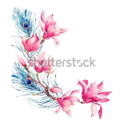 Sticker  Magnolias roses et plumes de paon