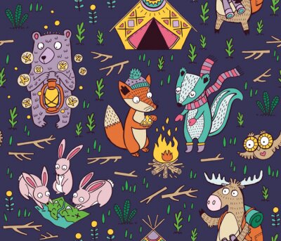 Main, dessiné, camping, seamless, modèle, dessin animé, caractères