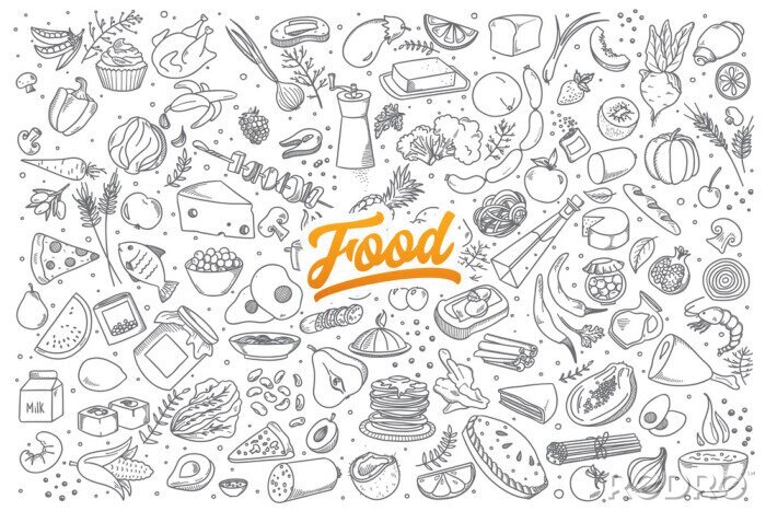 Sticker  Main, dessiné, ensemble, sain, nourriture, ingrédient, doodles, lettrage, vecteur
