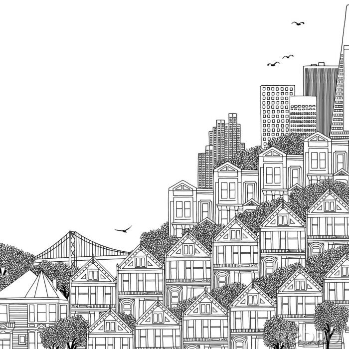Sticker  Main dessinée illustration noir et blanc de San Francisco avec des maisons victoriennes et un espace vide pour le texte