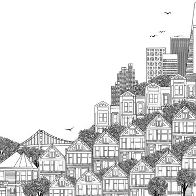 Sticker  Main dessinée illustration noir et blanc de San Francisco avec des maisons victoriennes et un espace vide pour le texte