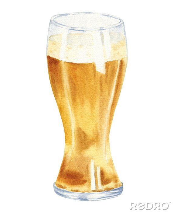 Sticker  Main dessinée verre à l'aquarelle de bière, illustration réaliste isolée sur fond blanc. Boire du dessin.