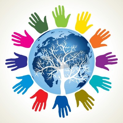 Sticker  Mains colorées autour du globe terrestre bleu