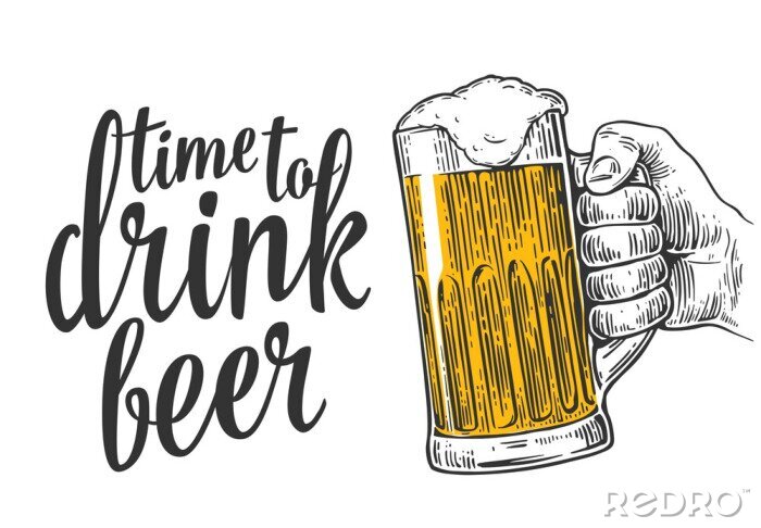 Sticker  Mâle, main, tenue, bière, tasse Vintage illustration gravure vectorielle pour web, affiche, invitation à la fête de la bière à boire. Isolé sur fond blanc.