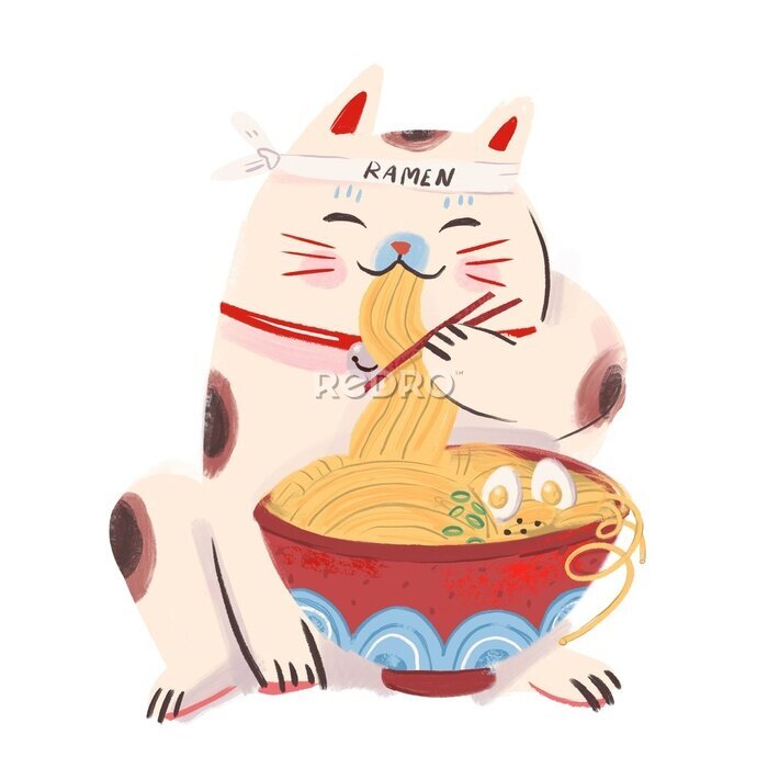 Sticker  Maneki neko mangeant des ramen