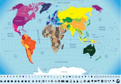 Mappemonde colorée avec océans et continents
