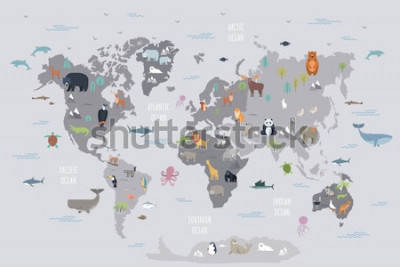 Sticker  Mappemonde grise avec illustrations d'animaux