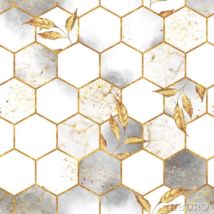 Sticker  Marble hexagon seamless texture with golden leaves. Abstract background
