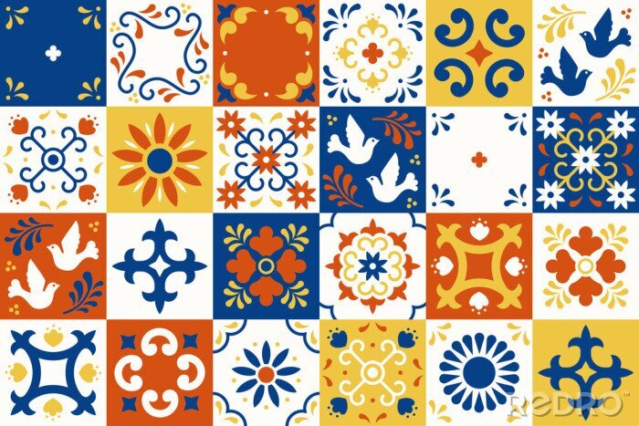 Sticker  Mexican talavera pattern. Ceramic tiles with flower, leaves and bird ornaments in traditional majolica style from Puebla. Mexico floral mosaic in classic blue and white. Folk art design.