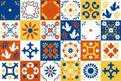 Sticker  Mexican talavera pattern. Ceramic tiles with flower, leaves and bird ornaments in traditional majolica style from Puebla. Mexico floral mosaic in classic blue and white. Folk art design.