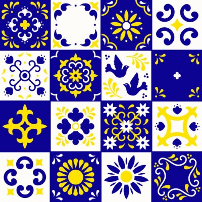 Mexican talavera pattern. Ceramic tiles with flower, leaves and bird ornaments in traditional style from Puebla. Mexico floral mosaic in blue, yellow and white. Folk art design.