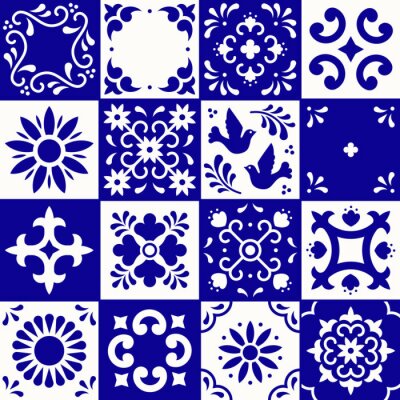 Sticker  Mexican talavera pattern. Ceramic tiles with flower, leaves and bird ornaments in traditional style from Puebla. Mexico floral mosaic in navy blue and white. Folk art design.
