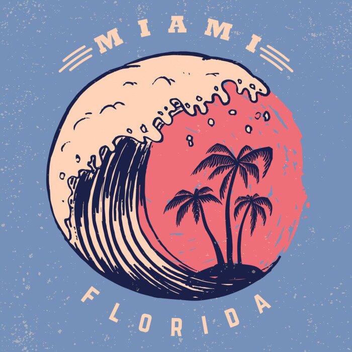 Sticker  Miami. Modèle d'affiche avec lettrage et paumes.