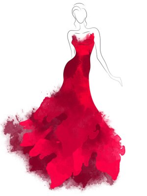Sticker  Model sketch silhouette in beautiful red dress. Fashion digital watercolor illustration