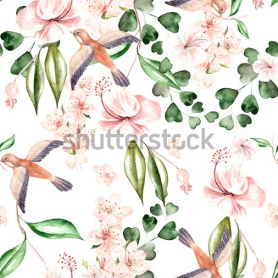 Sticker  Modèle d'aquarelle avec des fleurs printanières, des feuilles d'eucalyptus et des oiseaux. Illustration