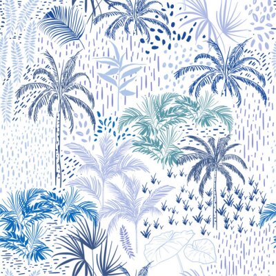 Modèle de belle forêt itropicale sans soudure sur fond blanc. Paysage avec palmiers, sauvages exotiques et plantes