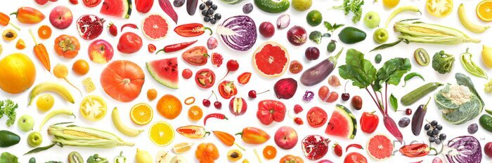 Sticker  modèle de divers légumes frais et fruits isolés sur fond blanc, vue de dessus, plat poser. Composition de la nourriture, concept de saine alimentation. Texture alimentaire
